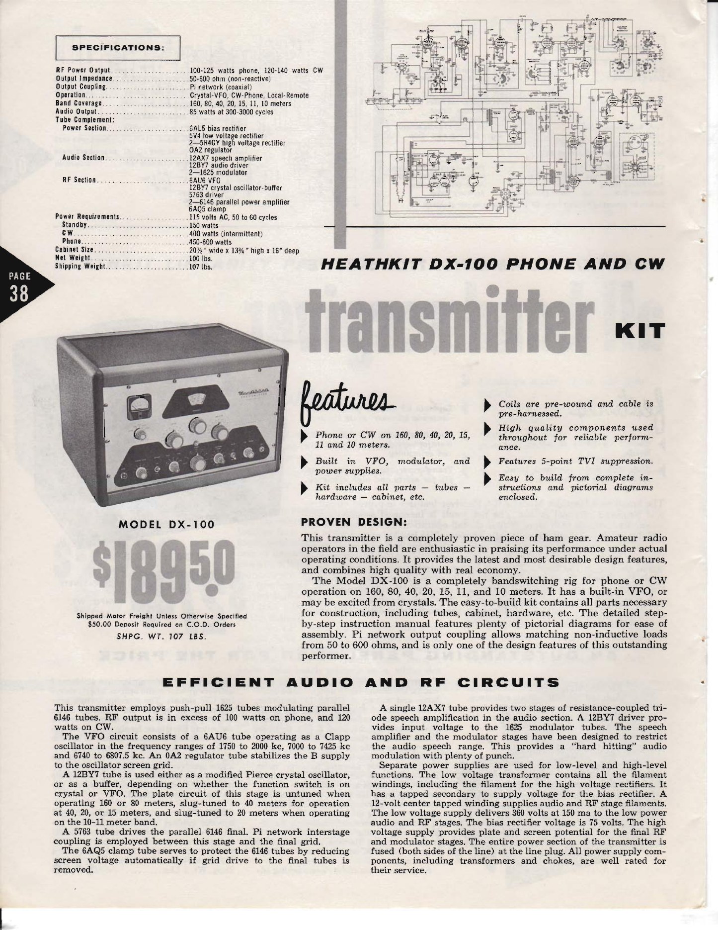 Figure 6 — The DX-100's two-page spread in the 1956 catalogue, opening with the price, the shipping weight and the seven bands. The left column is the circuit description; the right is the argument for the pa…