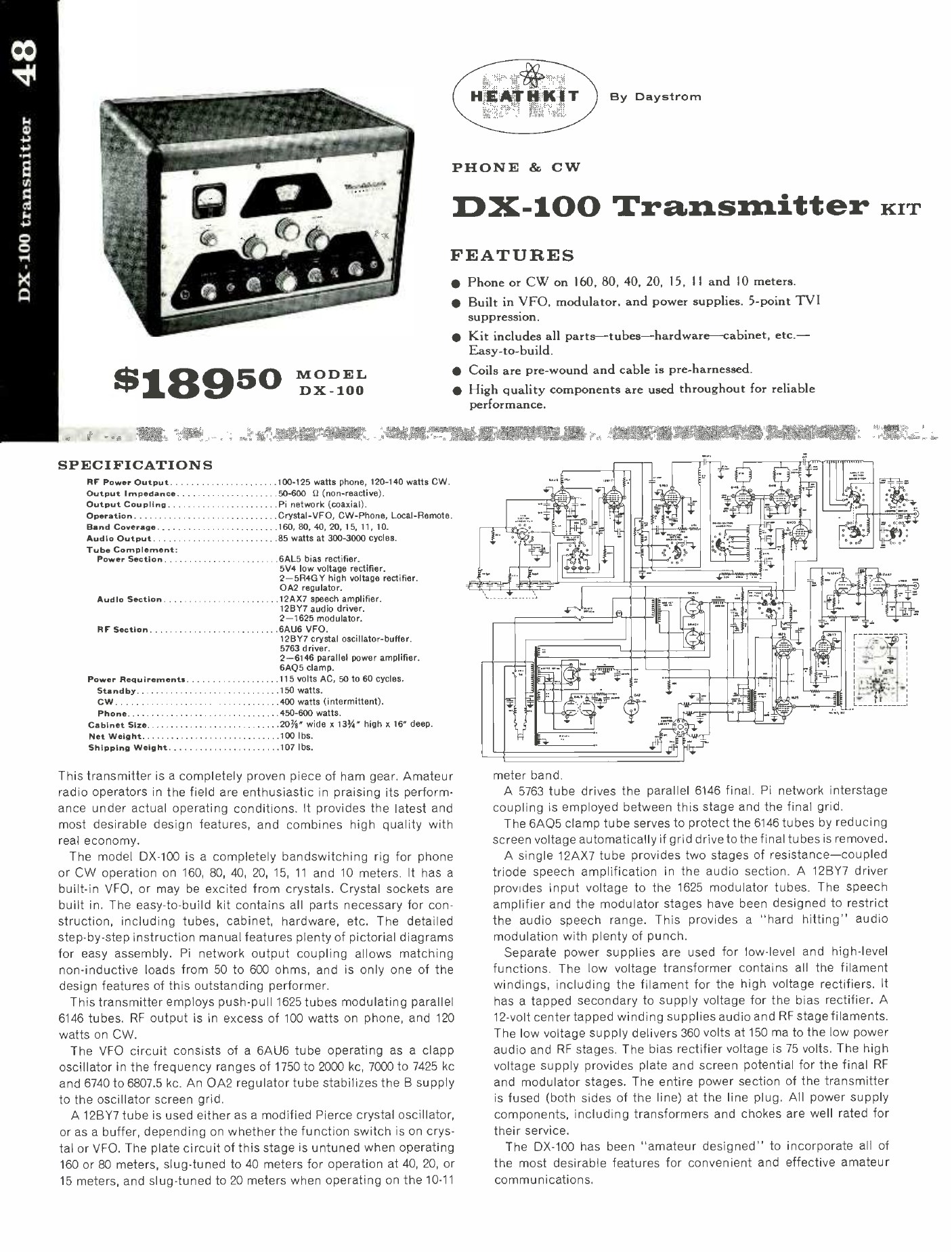 Figure 7 — Three years on and unchanged in price: the DX-100 in the 1958 catalogue, still $189.50, with the full specification table and the five-point TVI list. This is the last catalogue in which the origin…