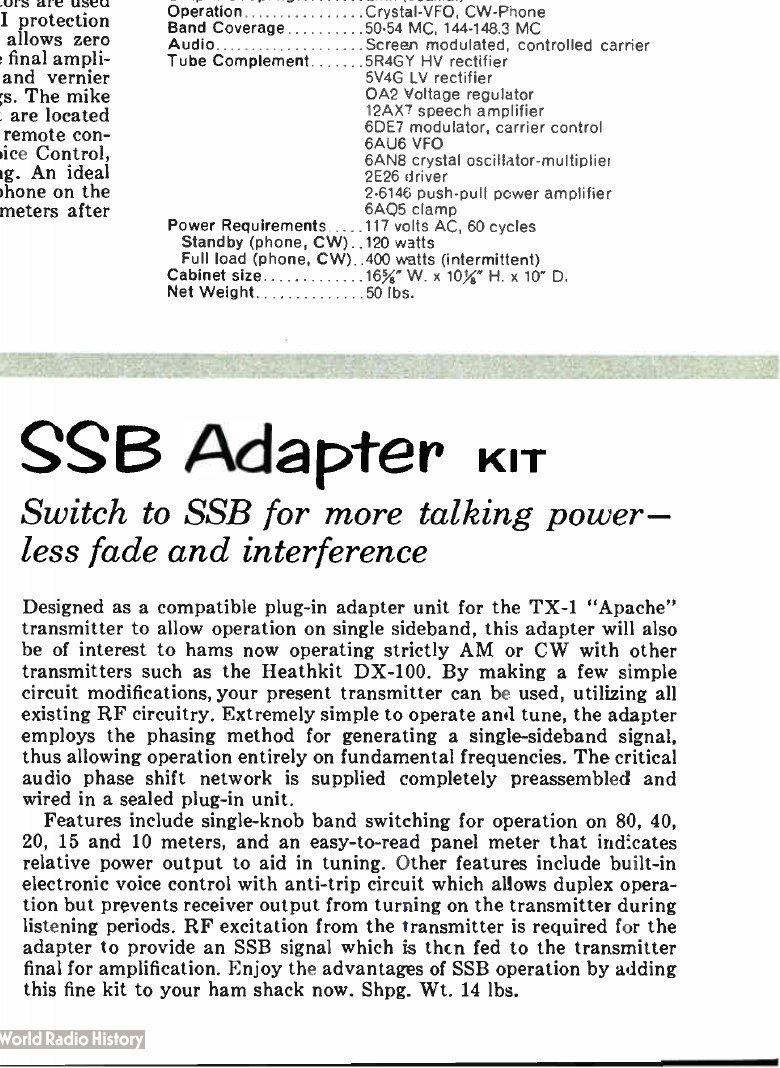 Figure 9 — The SB-10 SSB adapter, $89.95 in 1959. It generates 10 watts peak envelope power by the phasing method and feeds it to the transmitter's final for amplification. Designed for the Apache, it could b…