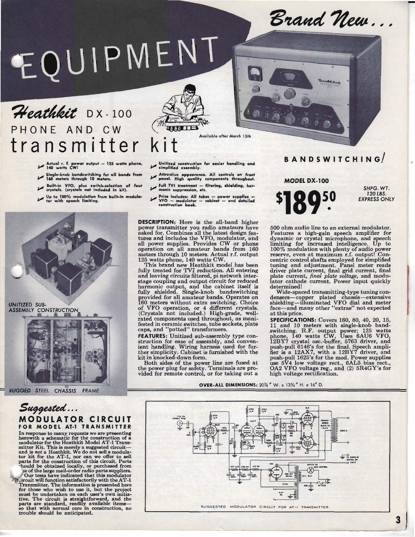 Figure 2 — The launch page. Heath's mid-winter 1955 flyer introduces the DX-100 at $189.50, "Available after March 15th", claiming 125 watts phone and 140 watts CW output and a 120-pound shipping weight, expr…