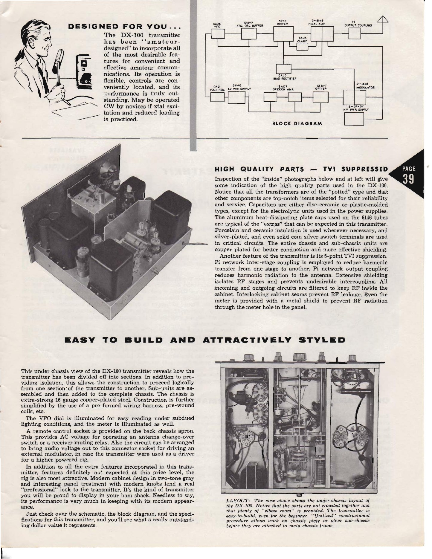 Figure 5 — "High quality parts - TVI suppressed". The 1956 catalogue's right-hand page sets out the five points of the TVI treatment and the parts-quality argument, with the under-chassis photograph that show…