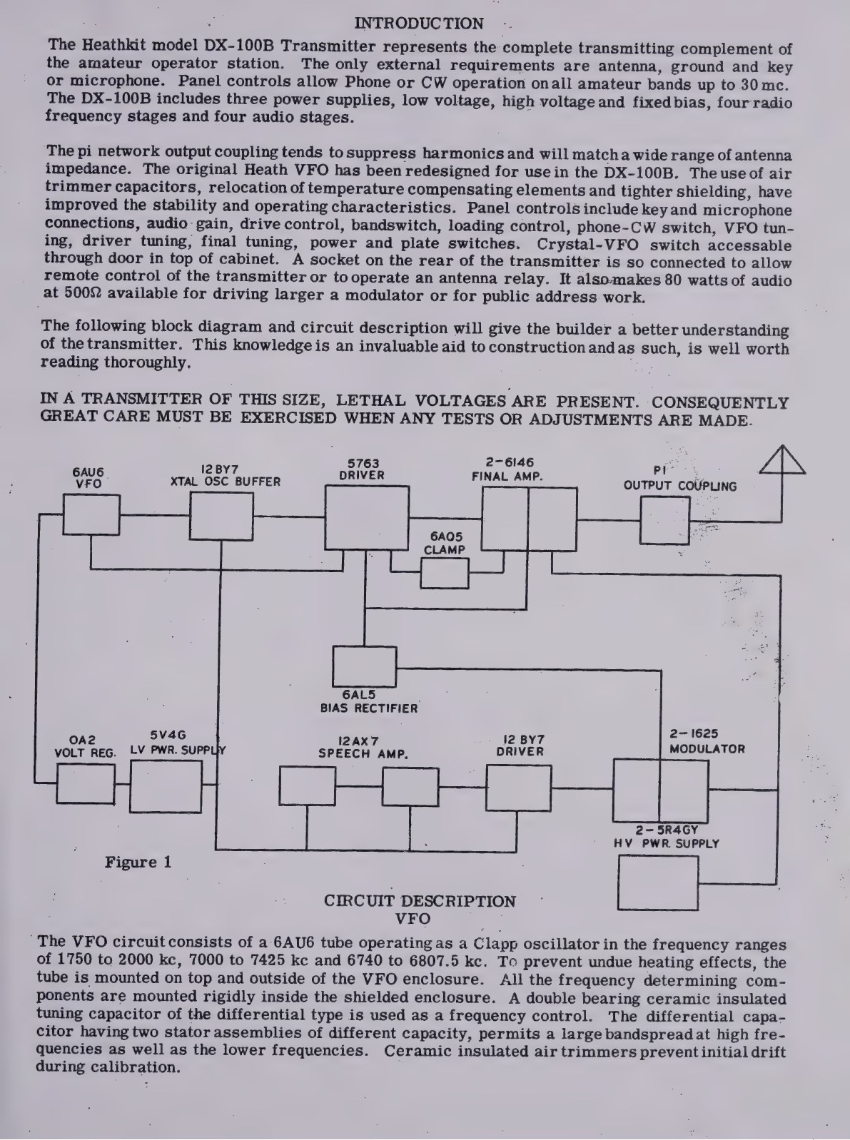 Figure 11 — The DX-100B's introduction and block diagram. It is the same diagram as the DX-100's, with the same valves in the same order: the B revision changed the cabinet, the crystal arrangement and the loa…