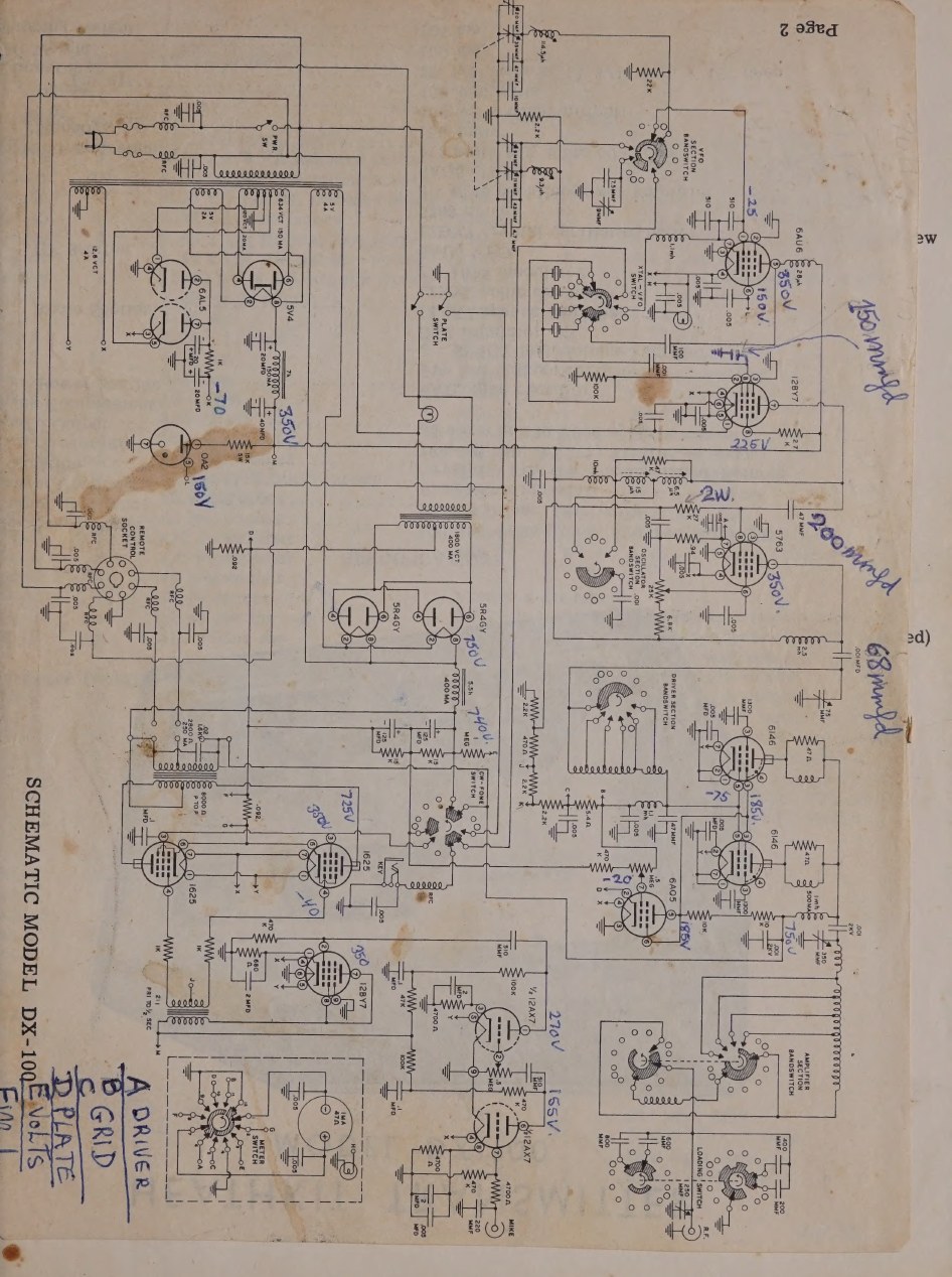 Figure 10 — The DX-100 schematic, as folded into the back of the manual. The three supplies occupy the lower third; the RF chain runs across the top; the speech chain and modulator sit at the right. Pencil ann…