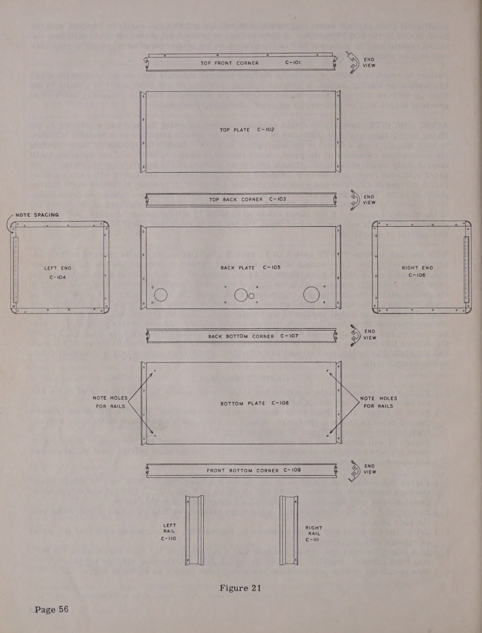 Figure 9 — every cabinet part identified before assembly begins, with the note holes for the nails and the distinction between front and back corners.