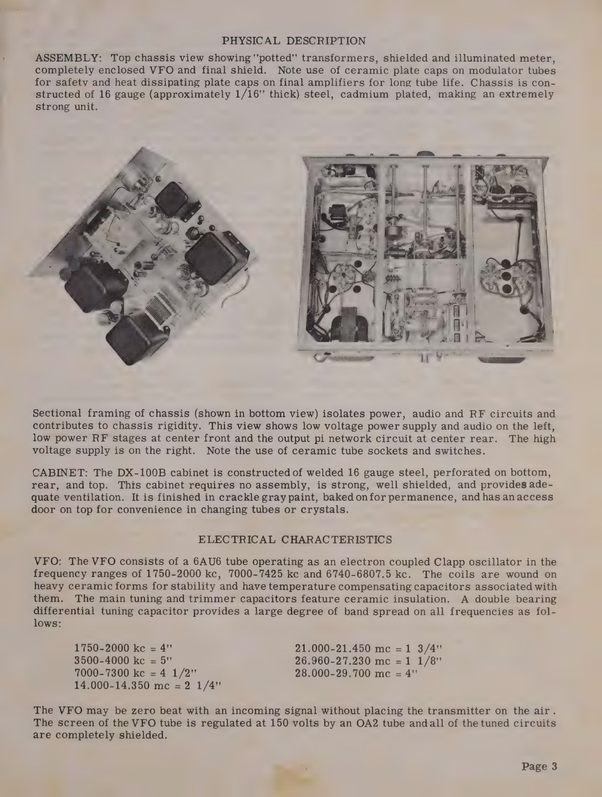 Figure 12 — The DX-100B manual's physical description, with the two chassis photographs. It documents the 16-gauge cadmium-plated chassis, the sectional framing that isolates power, audio and RF, and the welde…