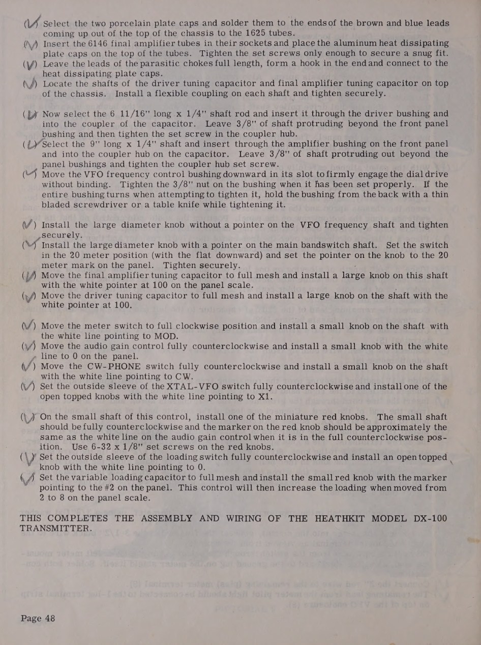Figure 13 — The last page of assembly: anode caps, parasitic chokes, shafts and couplings, and the sequence for fitting every knob so that the panel markings agree with the switch positions underneath.