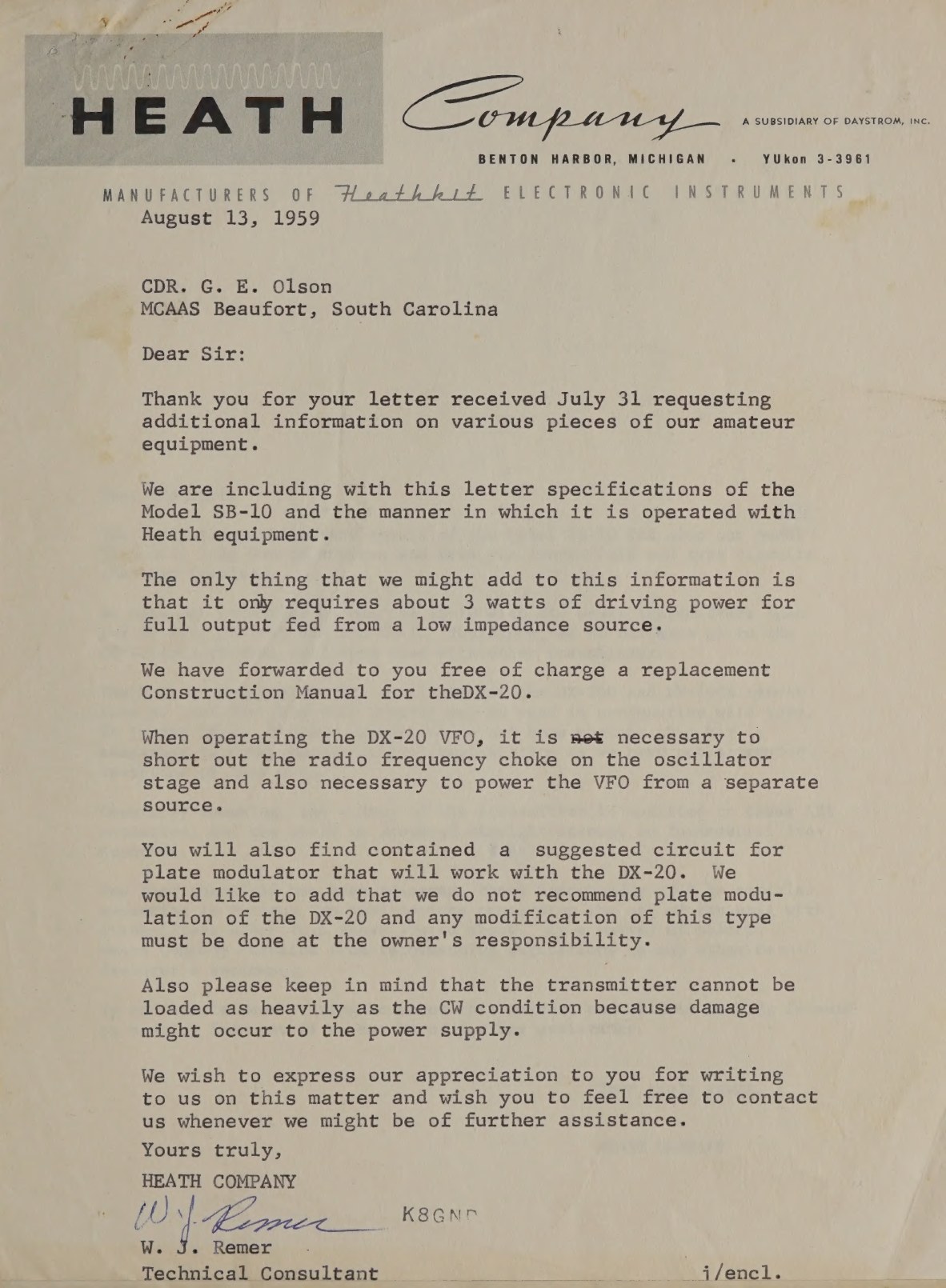 Figure 9 — A Heath Company letter of 13 August 1959, bound into a scanned SB-10 manual, answering an amateur's questions about the adapter. It names the MK-1 modification kit for the DX-100 and DX-100B, and g…