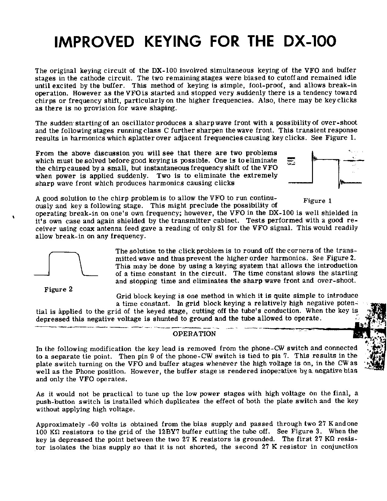 Figure 6 — Heath's own modification sheet, "Improved Keying for the DX-100", with its two waveform sketches: the sharp keyed edge that produces clicks, and the shaped edge that does not. The fix is grid-block…