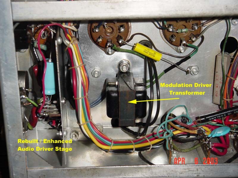 Figure 9 — The rebuilt audio driver stage installed, with its new driver transformer. The charred original is in the "as found" photograph above.