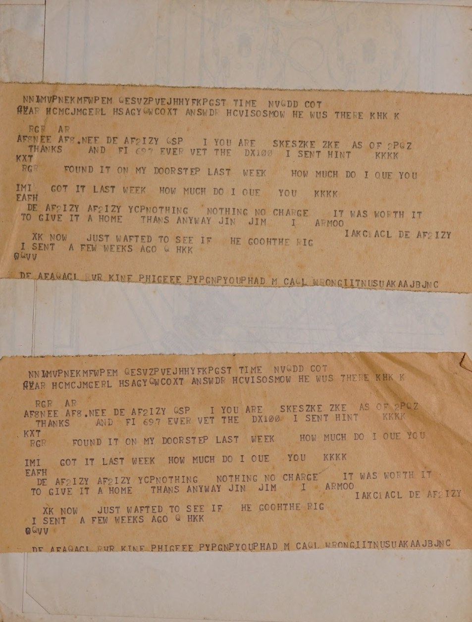 Figure 13 — A strip of teleprinter paper left in a DX-100 manual and scanned with it: a radio-teletype exchange in which one operator asks what he owes for a transmitter that arrived on his doorstep, and is to…