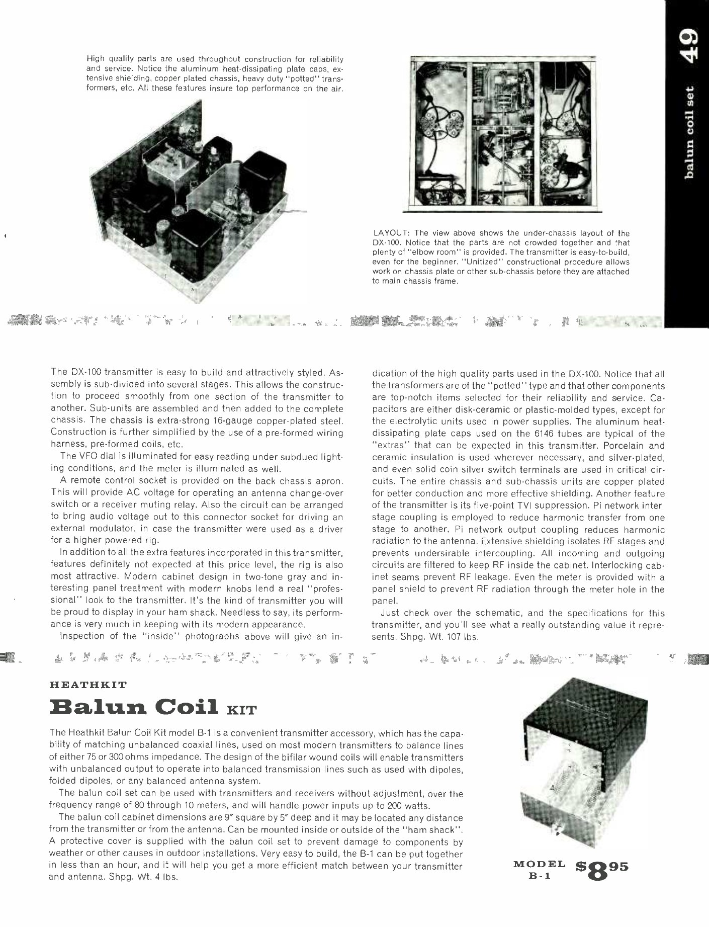 Figure 4 — The 1958 catalogue's second DX-100 page, with the under-chassis and layout photographs and, at the foot, the B-1 balun coil kit at $8.95 - the accessory a DX-100 owner needed to feed a balanced ant…
