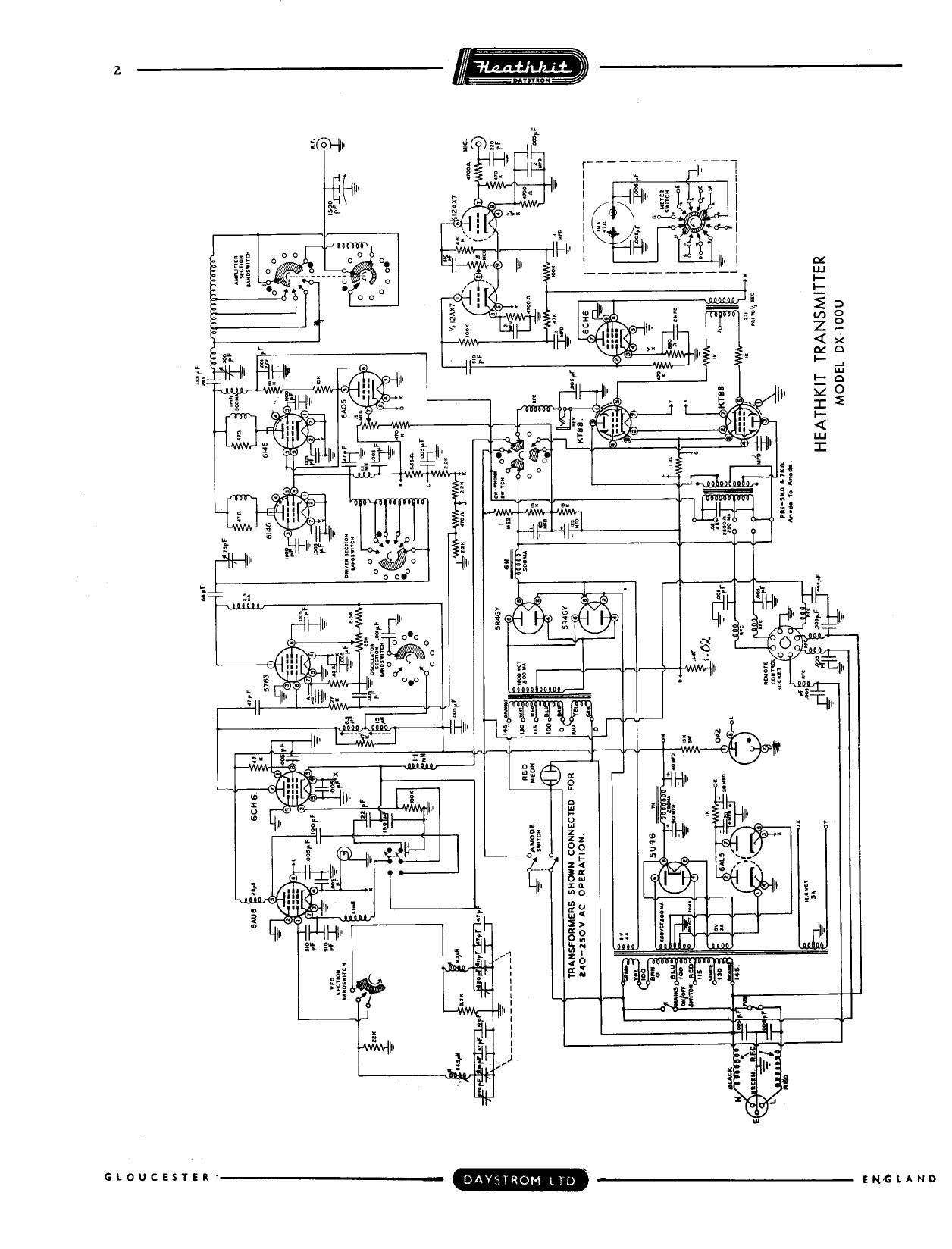 Figure 7 — The DX-100U schematic, published by Daystrom Limited of Gloucester. The transformer primaries are drawn "connected for 240-250 V AC operation", the modulators are KT88s and the buffer and audio dri…