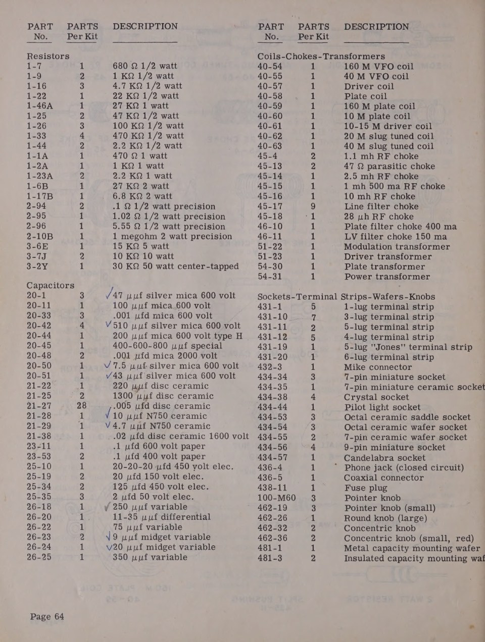 Figure 3 — The parts list, page 64. Resistors, capacitors, coils, chokes and transformers with Heath part numbers - the document a restorer works from when identifying an unmarked component.