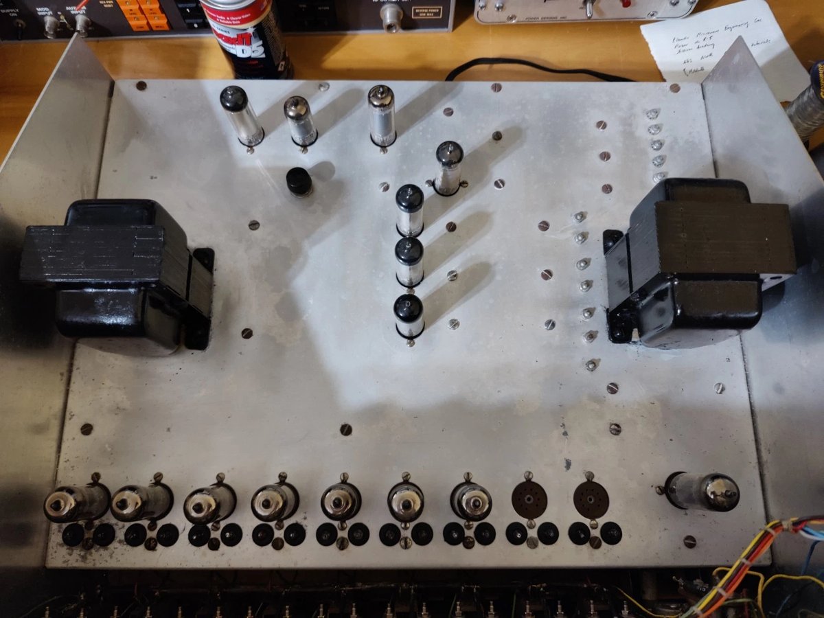 Figure 3 — Restored EC-1 chassis interior, showing nine 6U8 op-amp tubes, bus bars, and power supply section