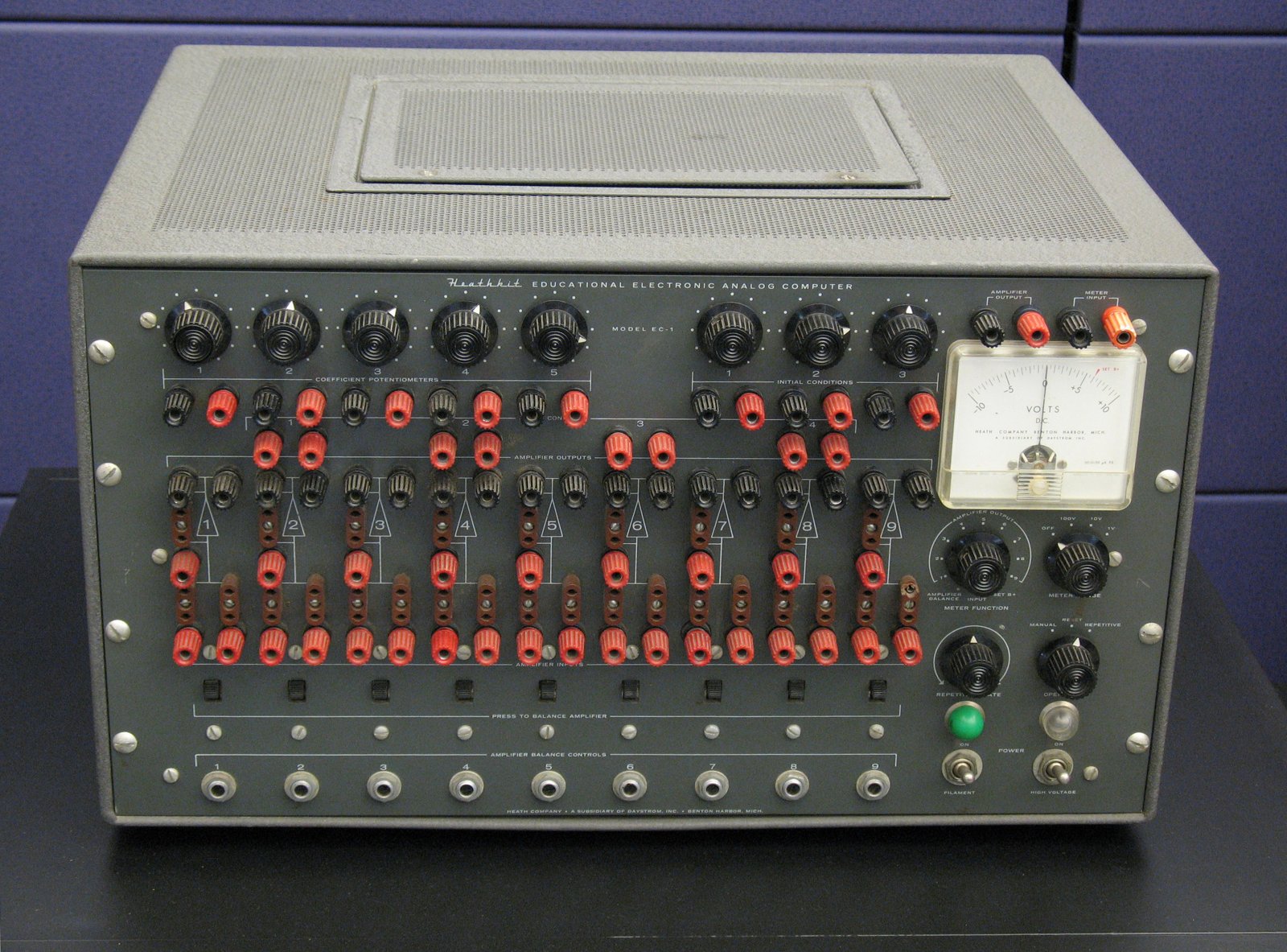 Figure 6 — A Heathkit EC-1 Educational Electronic Analog Computer at the Computer History Museum, Mountain View. The panel carries nine amplifier blocks with patch terminals, coefficient and initial-condition…