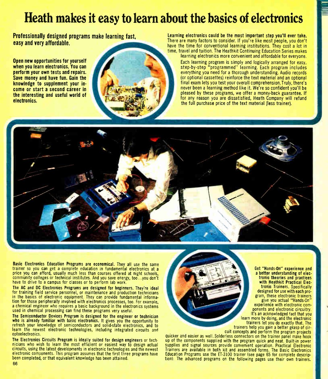 Figure 8 — "Heath makes it easy to learn about the basics of electronics", Fall 1979: a student at the ET-3100 with course binder and parts. The copy pitches the basic programmes at field-service staff, techn…