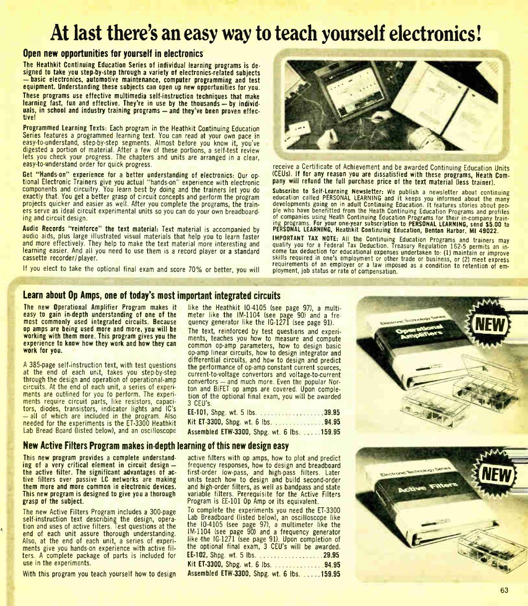 Figure 6 — "At last there's an easy way to teach yourself electronics!", Fall 1979: the opening page of the education section. It describes the programmed texts, trainers and audio records, the CEU certificat…