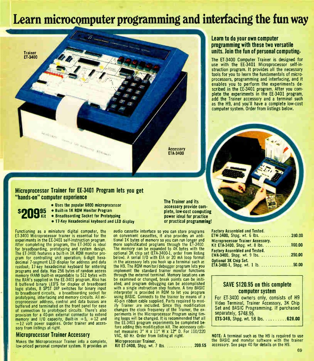 Figure 10 — "Learn microcomputer programming and interfacing the fun way", Fall 1979: the ET-3400 trainer ($209.95 as a kit) and, at right, the ETA-3400 accessory ($160.00) that turned it into "a complete comp…