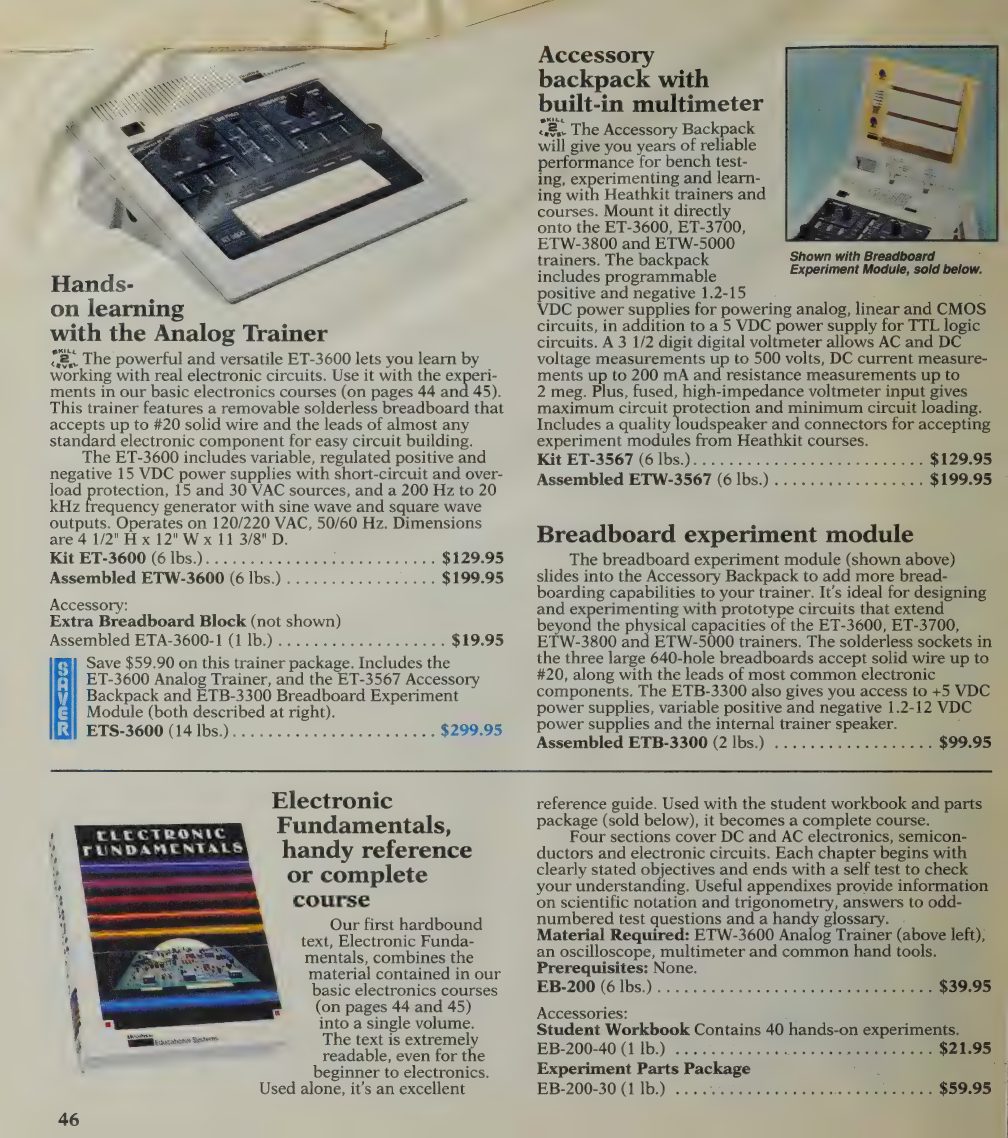 Figure 12 — Winter 1991: the ET-3600 Analog Trainer ("Hands-on learning with the Analog Trainer", $129.95 kit), the ET-3567 Accessory Backpack with built-in multimeter ($129.95 kit), the ETB-3300 breadboard ex…