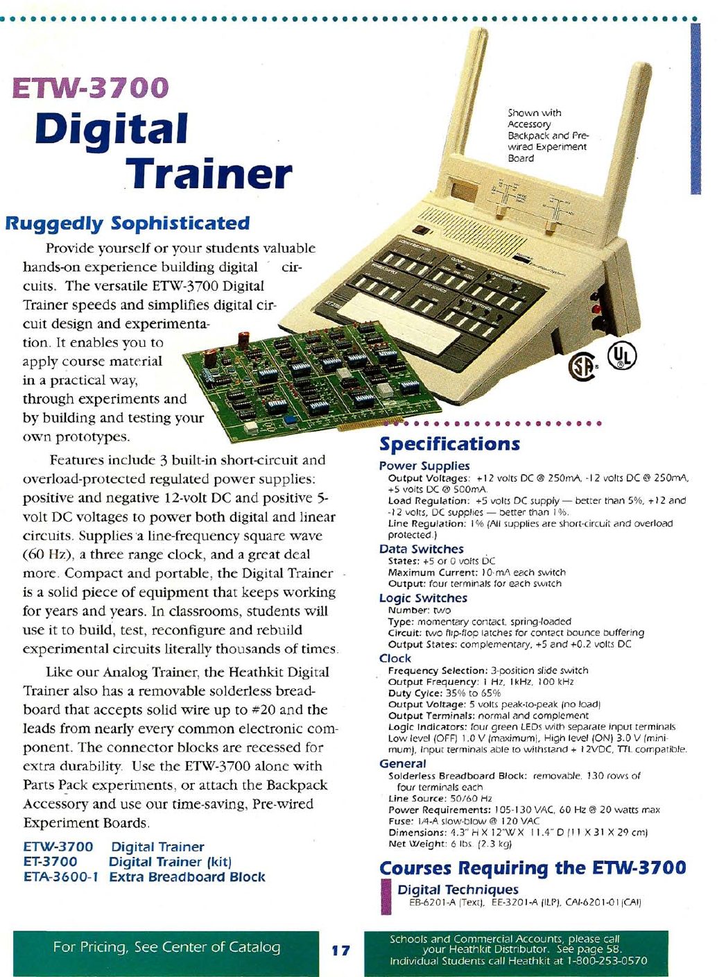 Figure 6 — "ETW-3700 Digital Trainer — Ruggedly Sophisticated", 1993–94, with the Backpack and a pre-wired experiment board. The specification is the ET-3200's, with larger ±12 V supplies (250 mA), green indi…