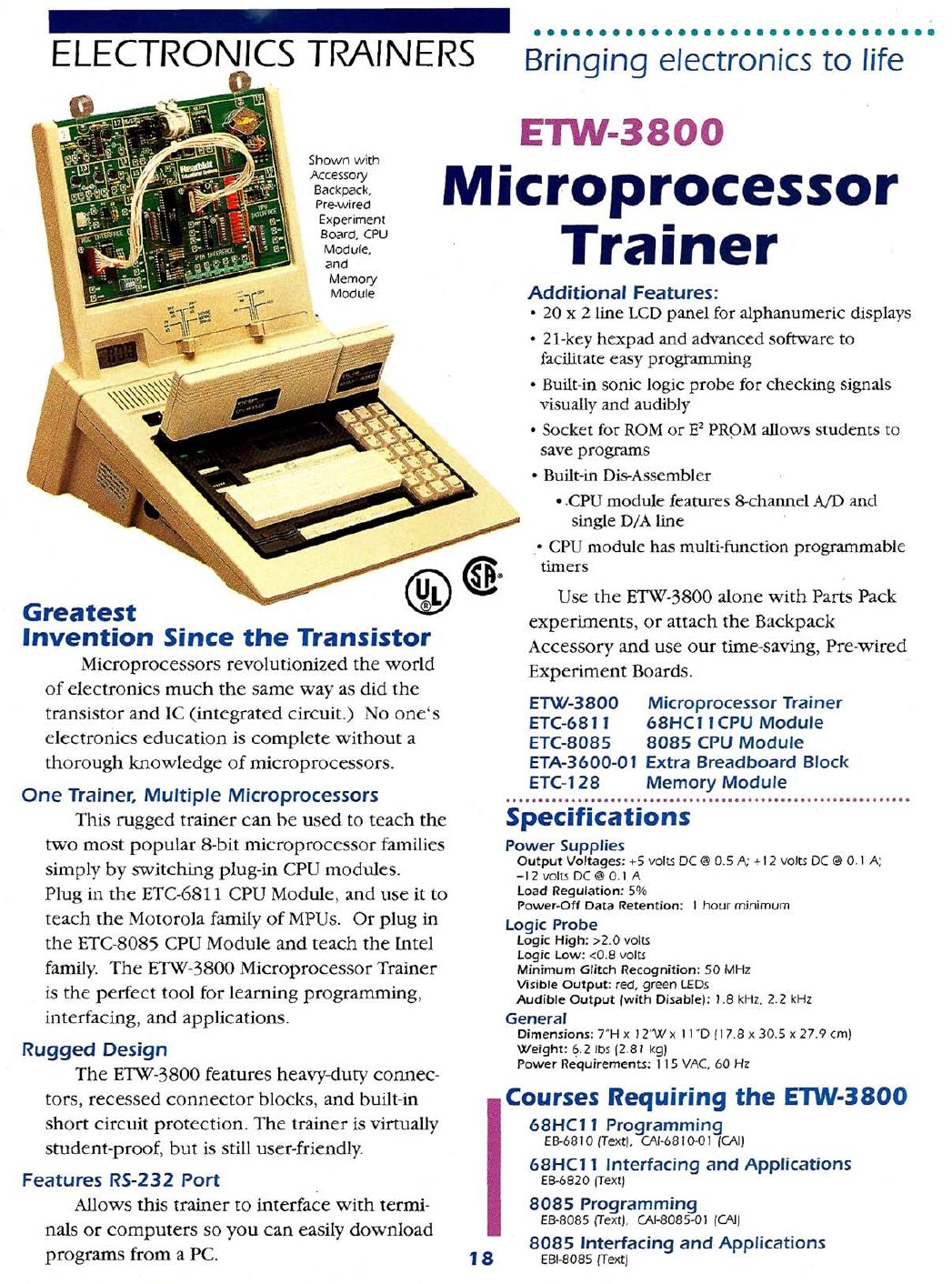 Figure 7 — "ETW-3800 Microprocessor Trainer — Greatest Invention Since the Transistor", 1993–94: one trainer for "the two most popular 8-bit microprocessor families", with plug-in ETC-6811 (68HC11) and ETC-80…