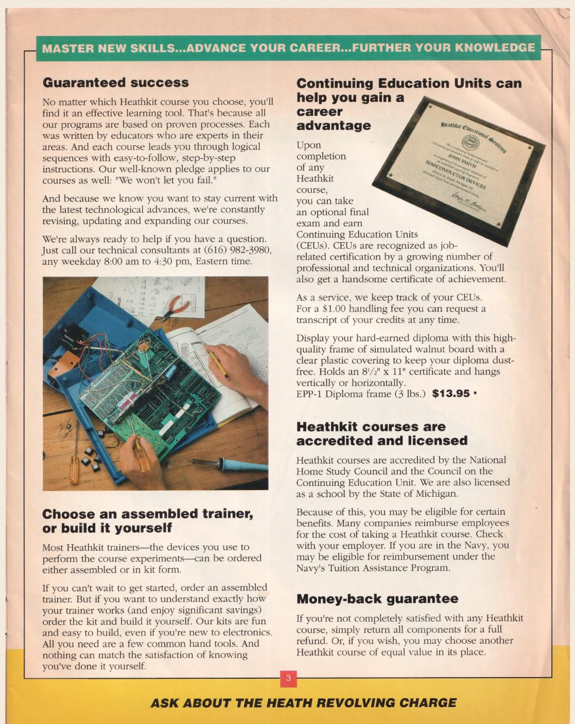 Figure 2 — "Master new skills ... advance your career ... further your knowledge": the introductory spread of HomeWorks by Heathkit, about 1990–92, with the guarantee, the CEU and diploma service, the choice …