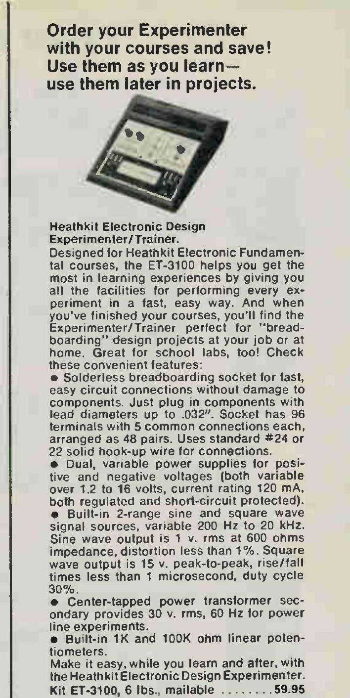 Figure 3 — The first description of the ET-3100, from the facing page. Note the specifications Heath's advertising would repeat for six years: supplies "variable over 1.2 to 16 volts, current rating 120 mA", …