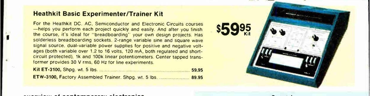 Figure 6 — The "Heathkit Basic Experimenter/Trainer Kit" in Fall 1977, with the first catalogue appearance of the factory-assembled ETW-3100 at $89.95. By now the copy says it serves the "DC, AC, Semiconducto…