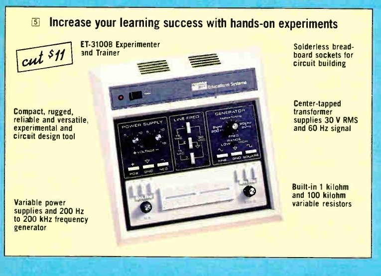 Figure 9 — The ET-3100B in its later Heathkit/Zenith Educational Systems livery, Fall 1985, with a ventilated cabinet top and a dark panel. The caption "200 Hz to 200 kHz" is a catalogue misprint; the generat…