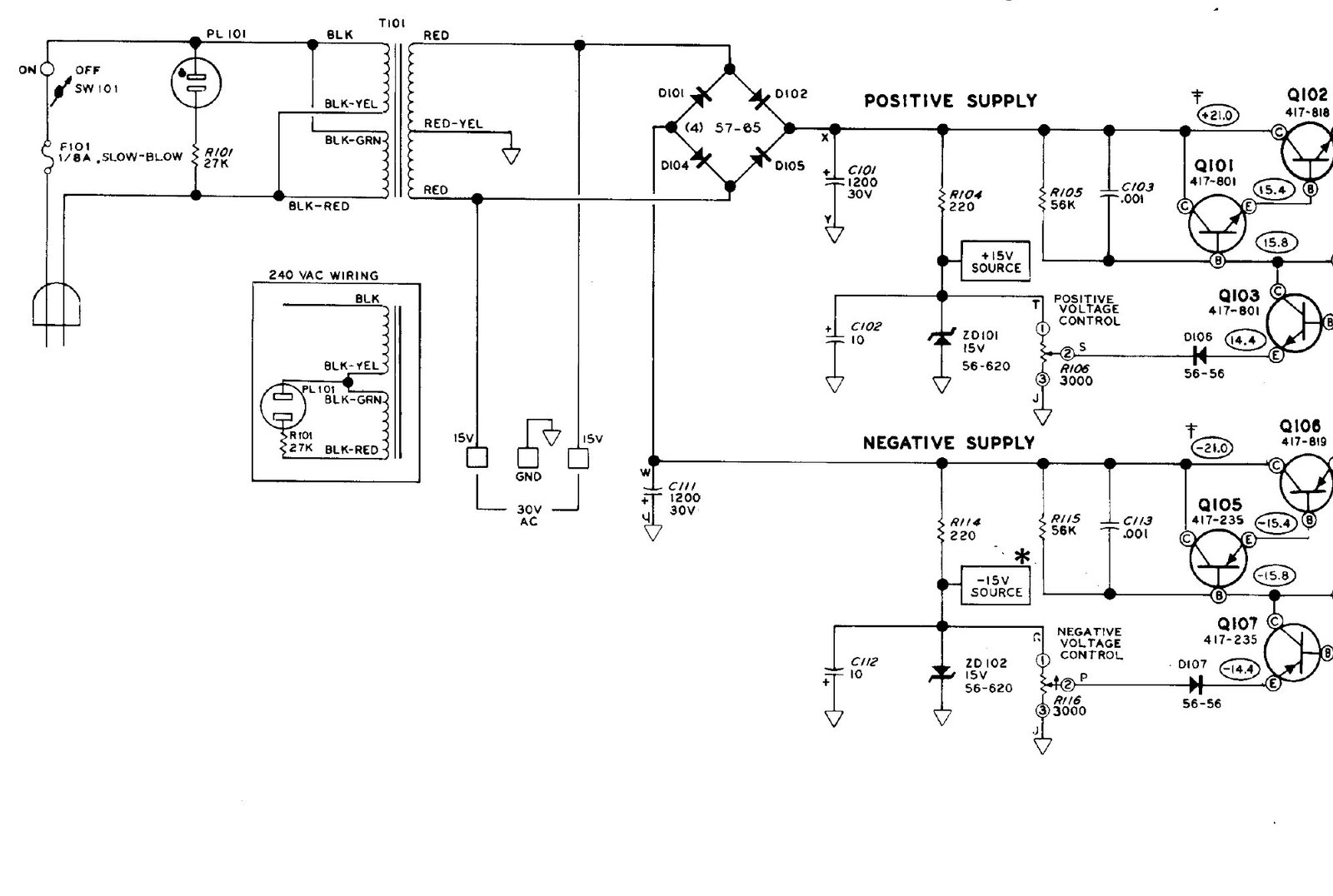 Figure 2 — The lower left of the ET-3100 schematic: line cord, SW101, the 1/8 A slow-blow fuse F101, the neon pilot PL101 with its 27 kΩ resistor across the primary, T101 with its 240 V wiring inset, the brid…