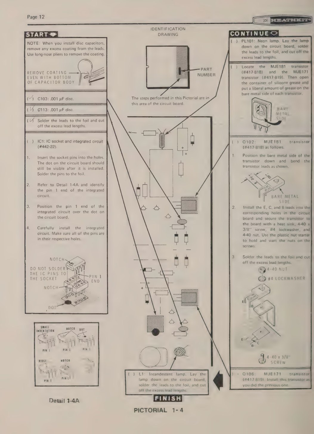 Figure 4 — Pictorial 1-4 of the original manual, a typical Heath board-stuffing page. The START box installs the disc capacitors and the 741 in its socket (Detail 1-4A shows three ways a pin 1 might be marked…