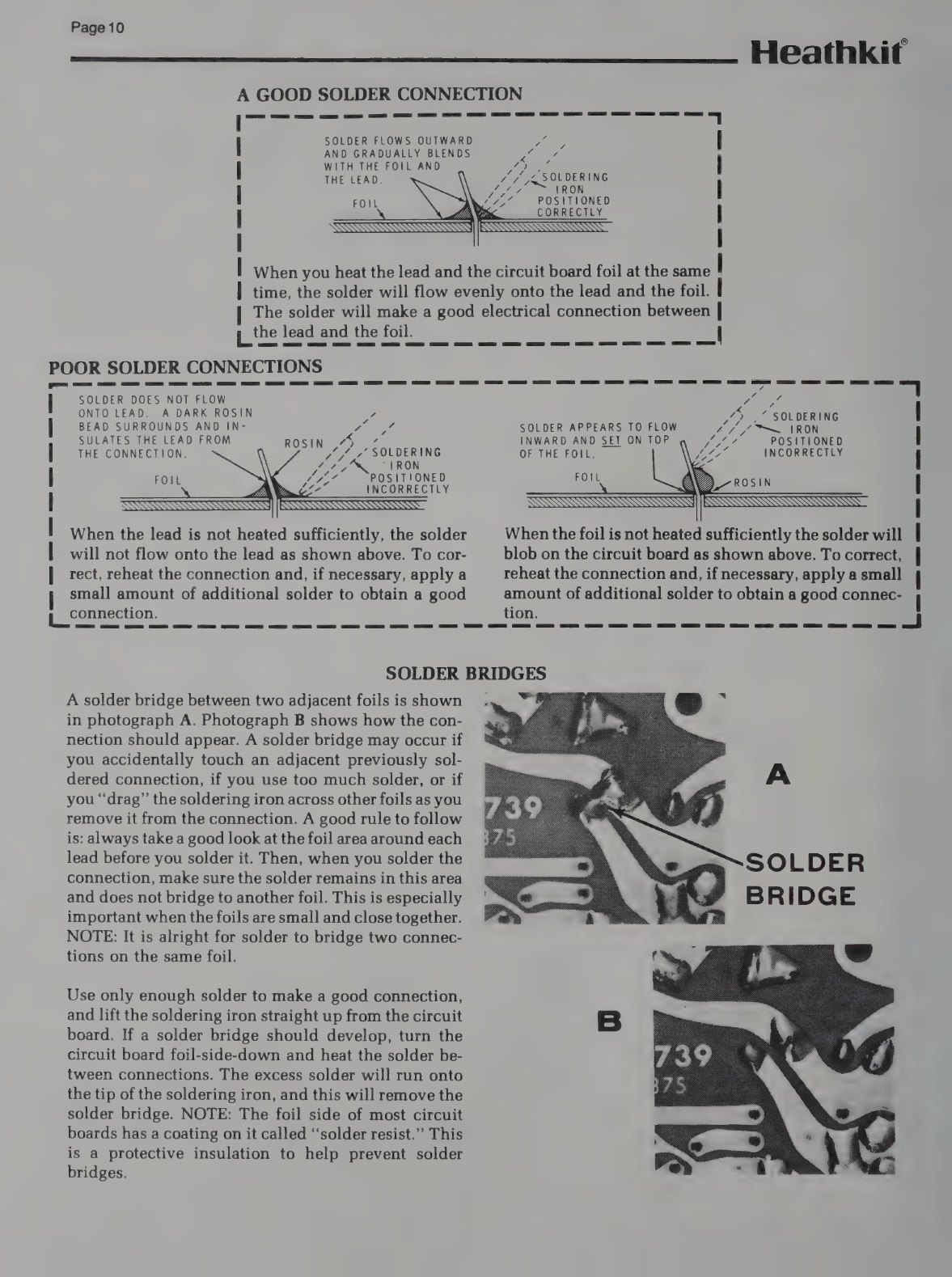 Figure 6 — The ET-3100B manual's soldering refresher: a good connection, two kinds of poor connection (lead not heated, foil not heated), and photographs of a solder bridge between adjacent foils and the same…