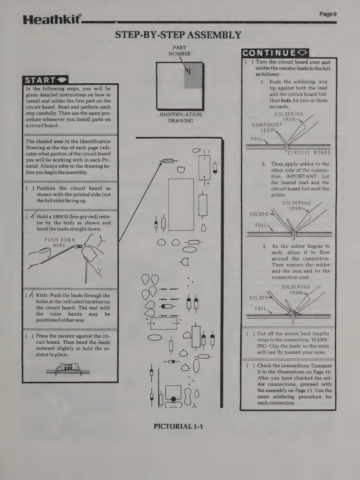 Figure 5 — The first page of step-by-step assembly in the ET-3100B manual (Pictorial 1-1). The first resistor is walked through in five illustrated sub-steps (bend, insert, press down, splay the leads, solder…