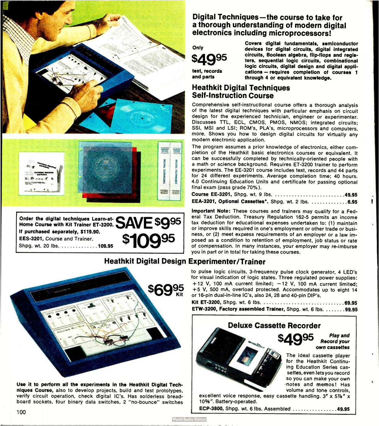 Figure 8 — Fall 1977: the Digital Techniques course at $49.95, with the tax-deduction note at lower left, and the "Heathkit Digital Design Experimenter/Trainer" at $69.95 as a kit or $99.95 factory-assembled …