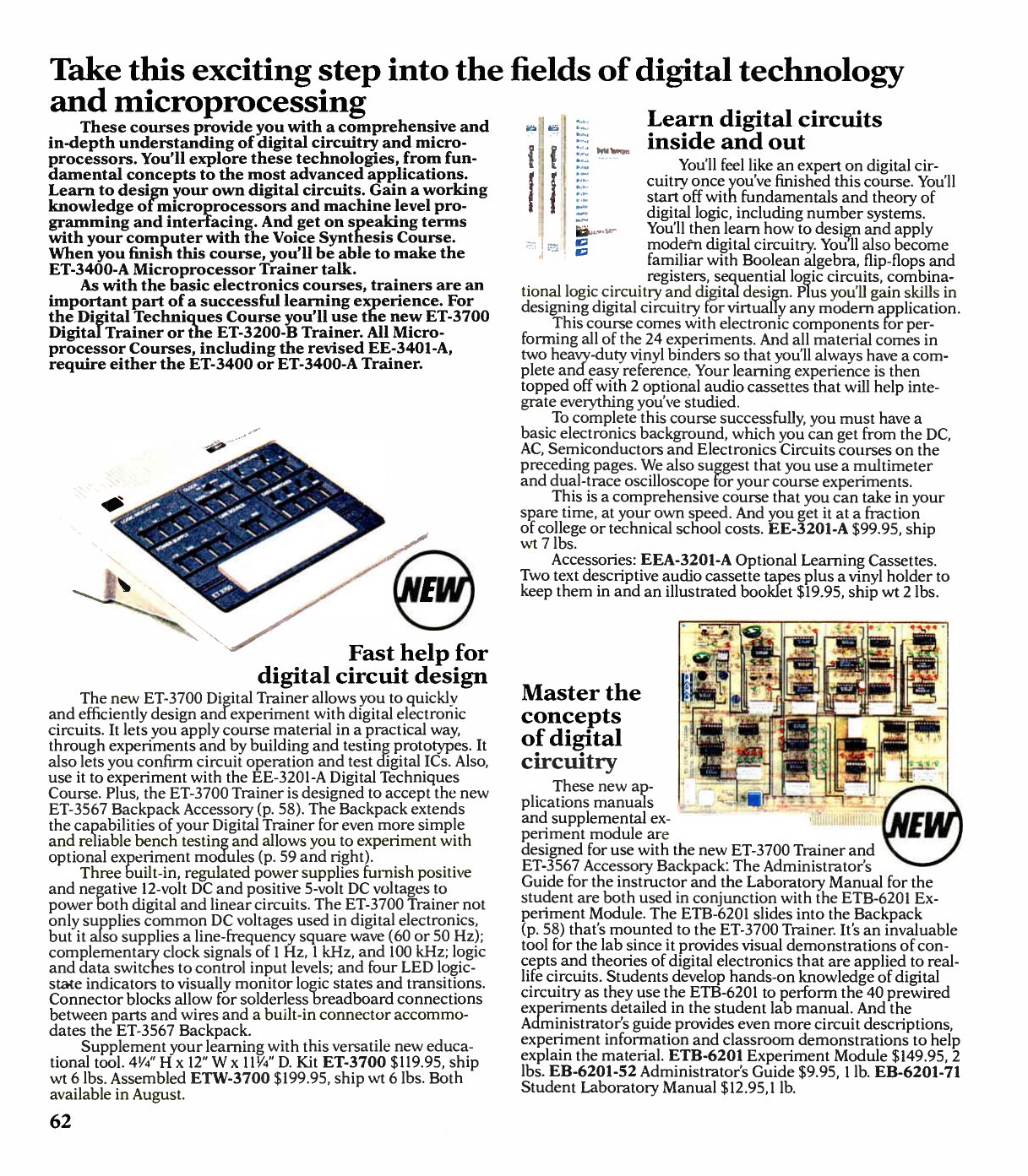 Figure 13 — Fall 1987, the handover: the Digital Techniques course (EE-3201-A, $99.95) with the new ET-3700 Digital Trainer at upper right and its ETB-6201 experiment module at lower right. The course copy nam…