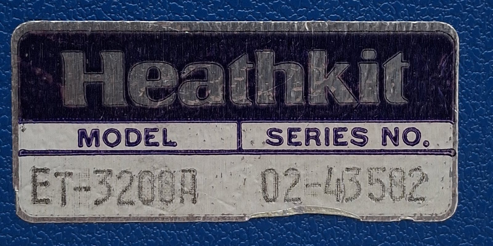 Figure 11 — The blue-and-white Heathkit identification label on the same unit: Model ET-3200A, series number 02-43582. Heath asked owners to quote both numbers in any correspondence.