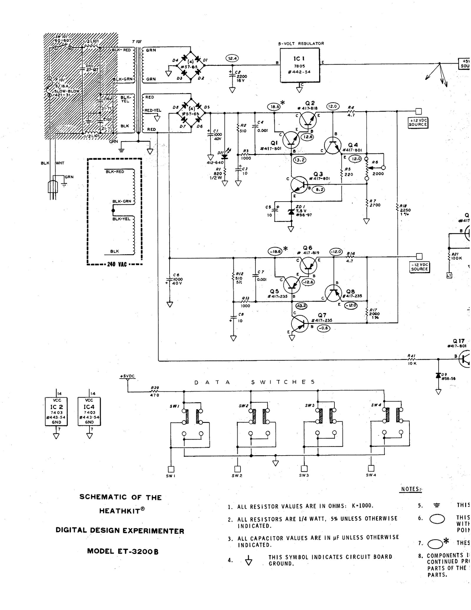 Figure 10 — The ET-3200B schematic of 1983. The logic side is unchanged; the mains entry now has the toroid L101 and capacitors C101–C103, the pilot is LED D11, and each LED driver's first transistor has a 150…