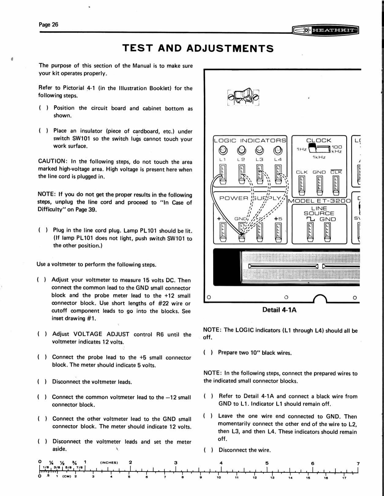 Figure 11 — The opening page of "Test and Adjustments": the cardboard under the power switch, the high-voltage warning, and the voltmeter steps. Set R6 for exactly 12 V on the +12 terminal, then confirm +5 V a…