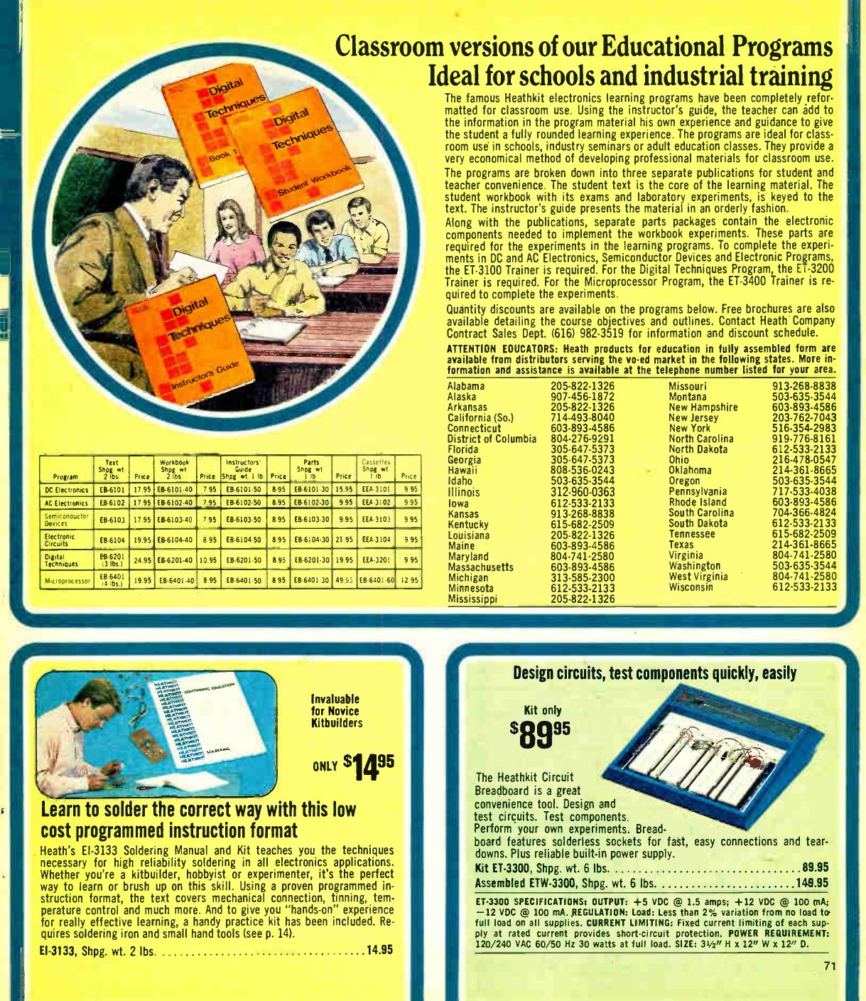 Figure 3 — "Classroom versions of our Educational Programs": Fall 1979. Students work at ET-series trainers in the photograph at upper left; the table lists the EB-series texts, workbooks, instructor's guides…