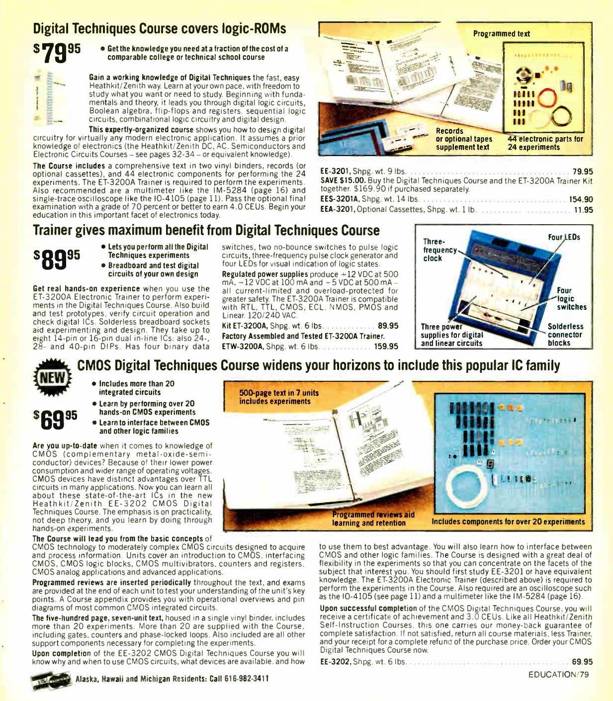 Figure 6 — Winter 1981–82: the Digital Techniques course (upper left), the new ET-3200A trainer ($89.95 kit, $159.95 wired) with its features labelled on the photograph, and the "NEW" CMOS Digital Techniques …