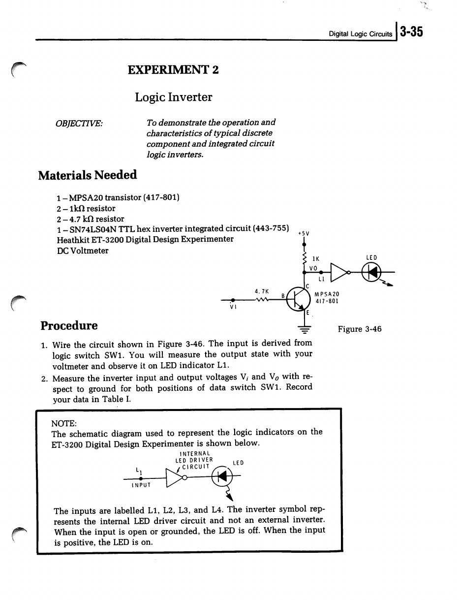 Figure 9 — Experiment 2, "Logic Inverter", with the boxed note explaining how the ET-3200's logic indicators are drawn in the course's diagrams: an inverter symbol standing for the internal LED driver, lit on…