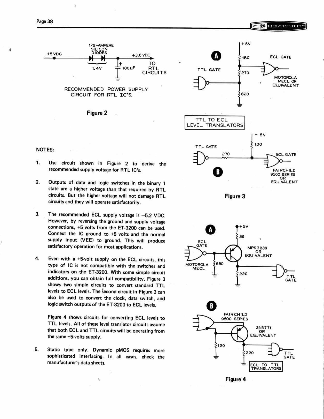 Figure 14 — Figures 2 to 4 of the manual: the two-diode RTL supply, and TTL-to-ECL and ECL-to-TTL level translators using an MPS3639 or 2N5771, all powered from the trainer's +5 V rail.