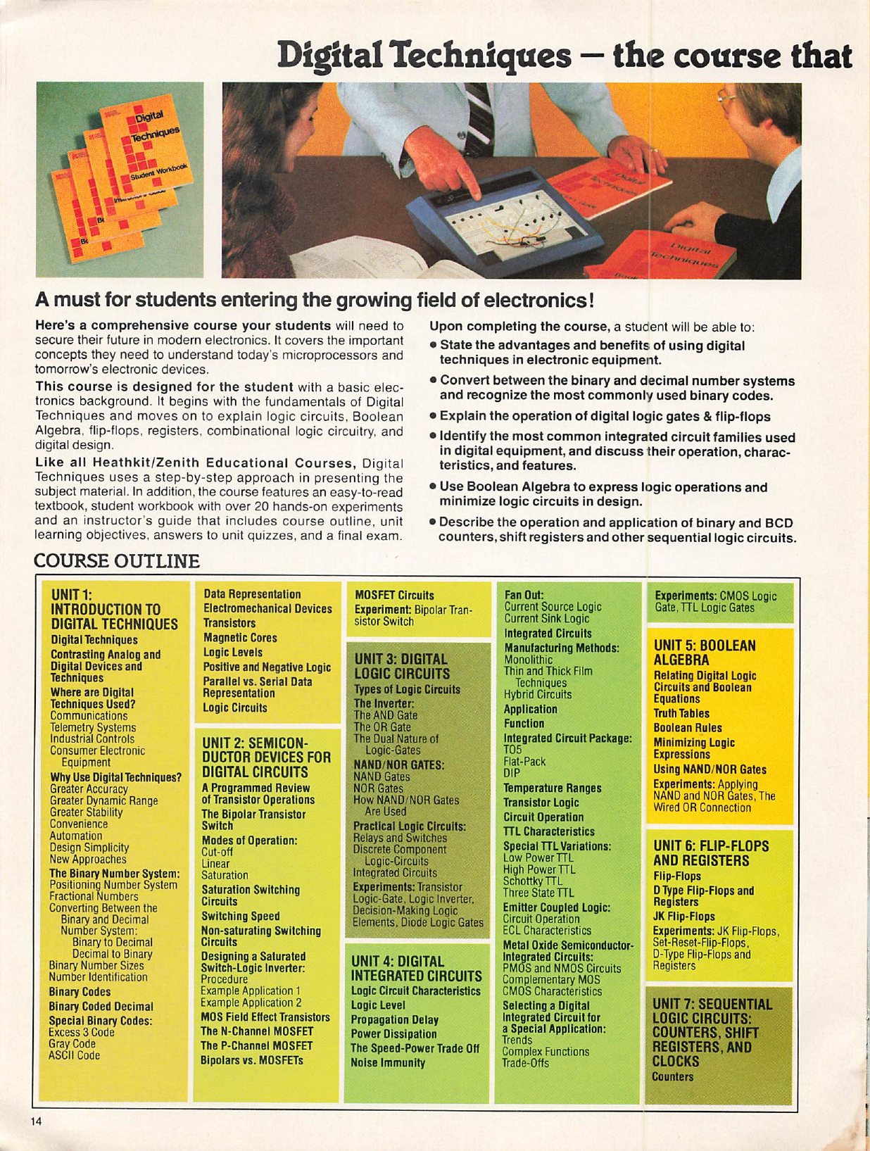 Figure 4 — The Digital Techniques page of the Heathkit/Zenith Educational Systems catalogue: the course description, learning objectives and the full course outline, unit by unit.