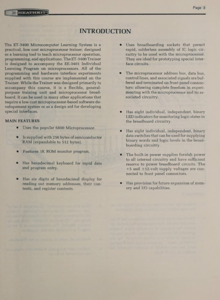Figure 5 — The ET-3400 manual's Introduction: the trainer as "a practical, low cost microprocessor trainer designed as a learning tool to accompany the EE-3401 Individual Learning Program", with its main feat…