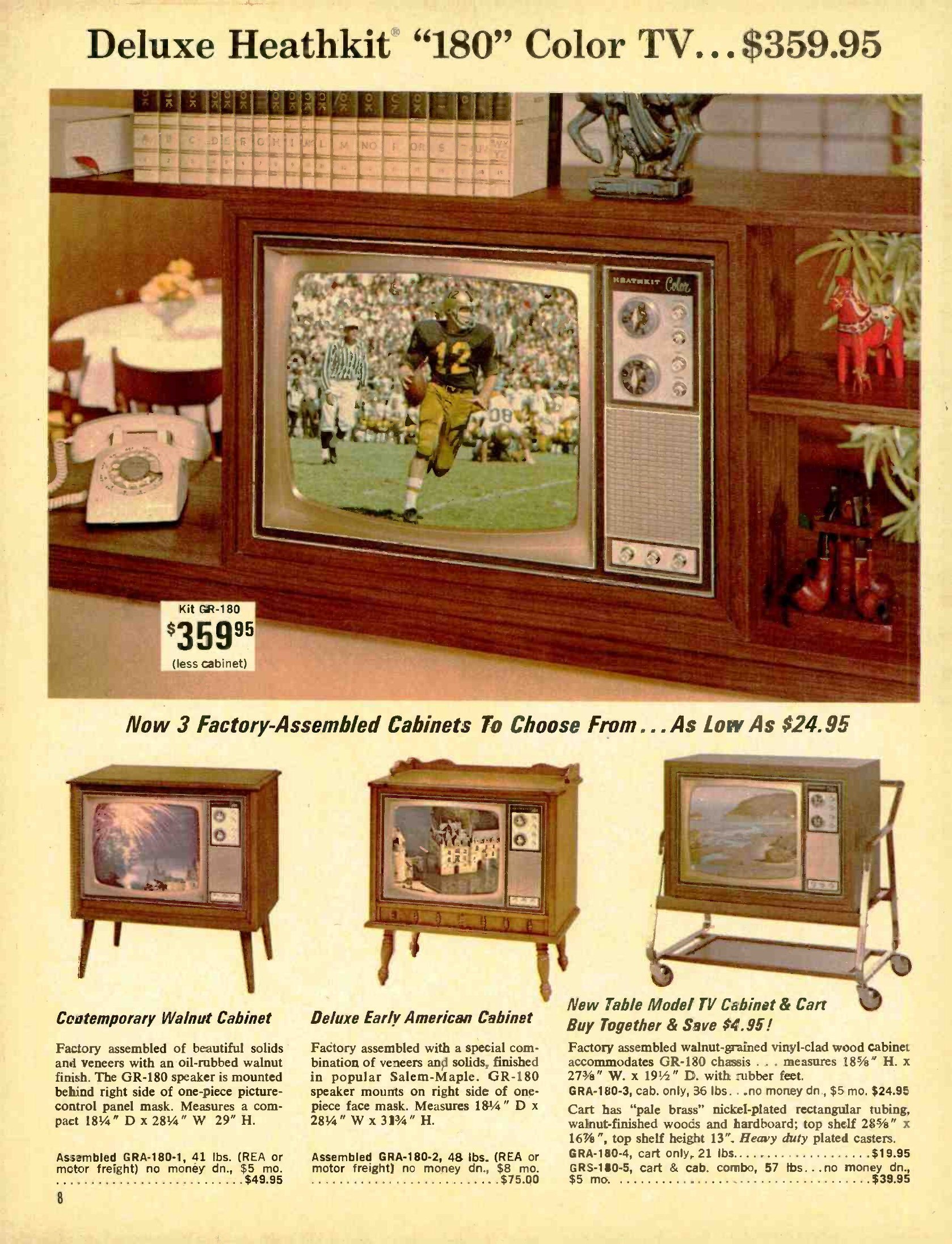 Figure 8 — The "180" at $359.95 in 1968, the smallest of the three tube-type colour sets, with cabinets from $24.95. The owner testimonials on these pages are a standing feature of Heath's television advertis…