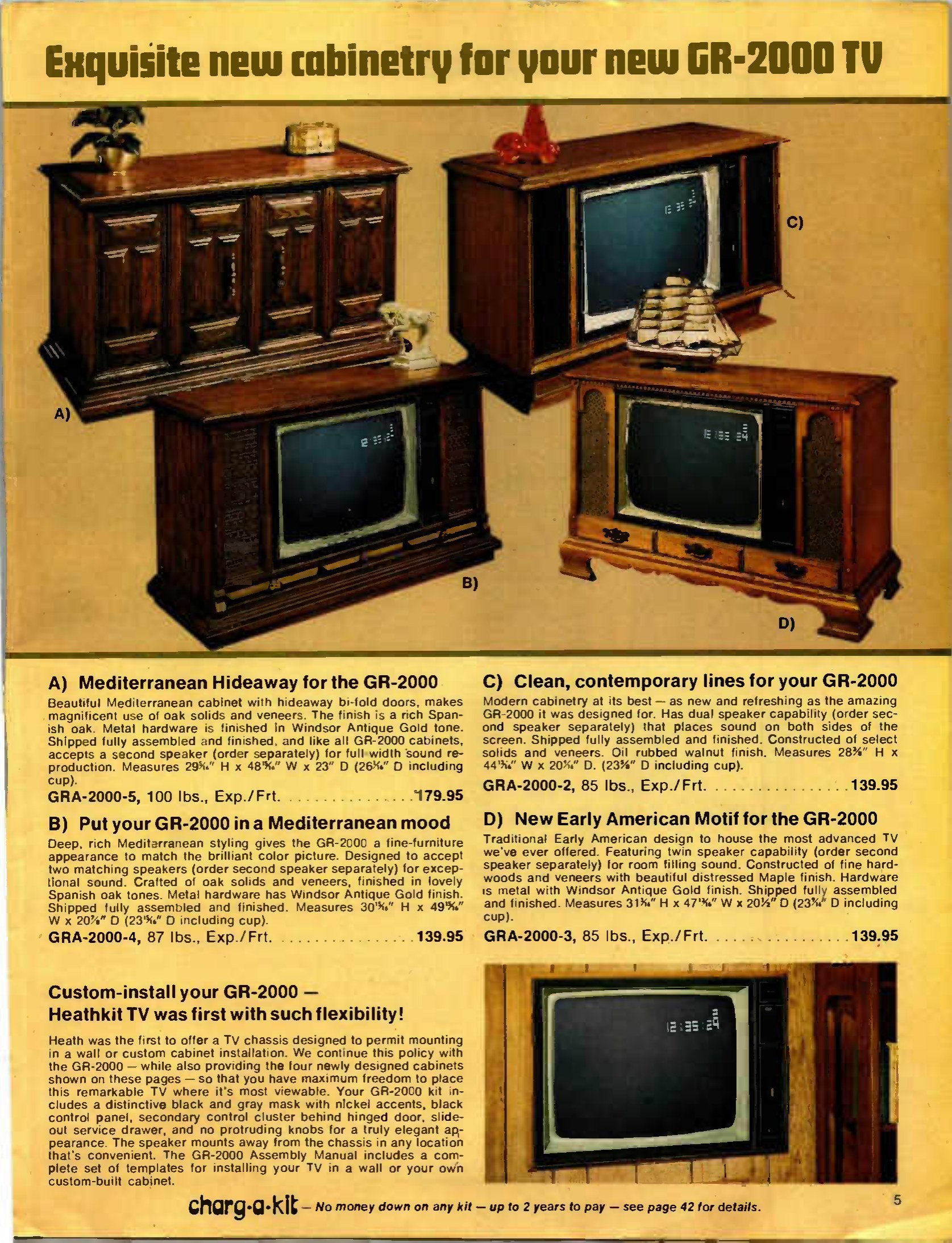 Figure 12 — "Exquisite new cabinetry for your new GR-2000 TV": the four factory-finished cabinets offered in March 1974, from $139.95. Heath also supplied templates in the assembly manual for building the chas…
