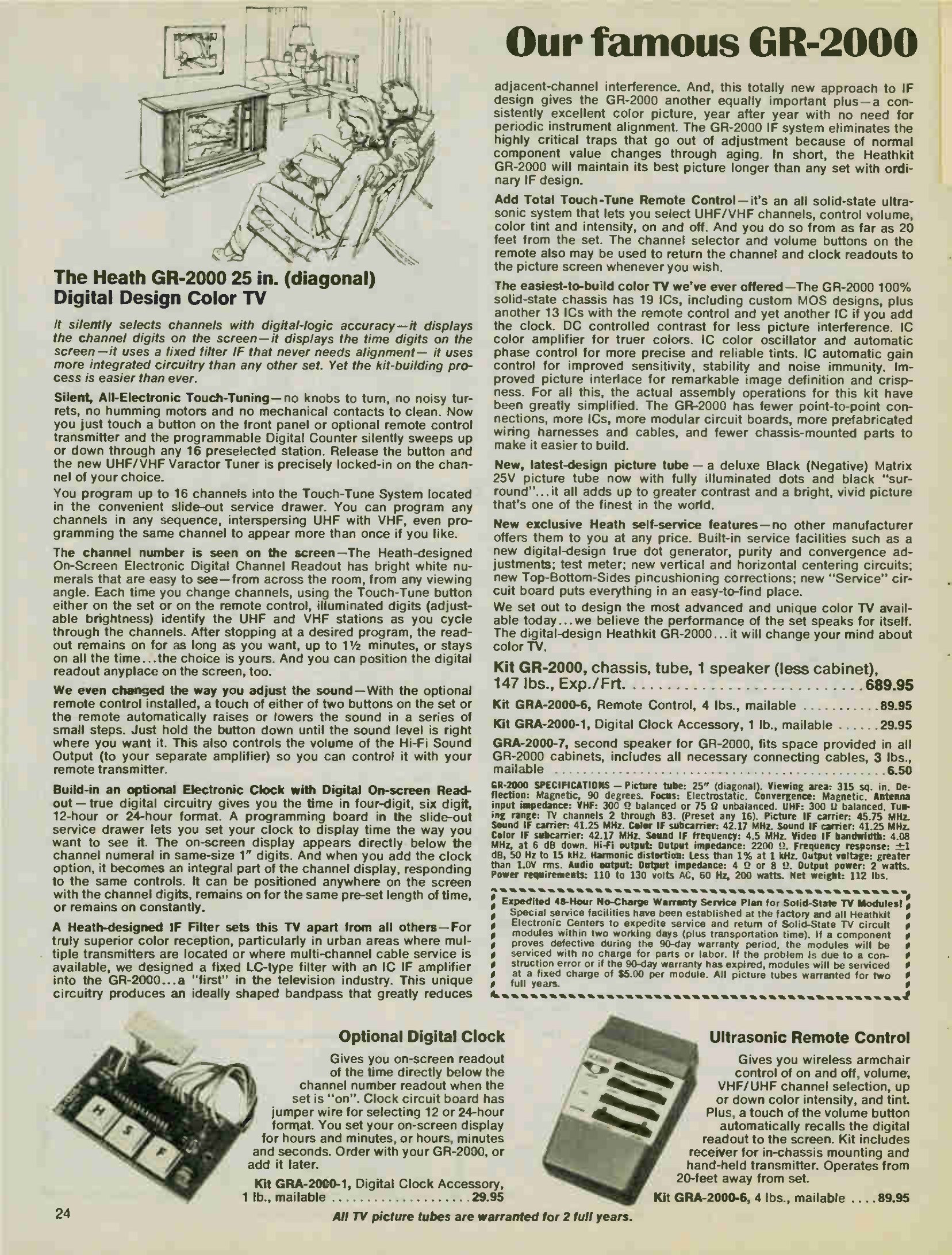 Figure 13 — "Our famous GR-2000" in the Christmas 1975 catalogue at $689.95. By then Heath was listing new self-service features — a digital-design true dot generator, purity and convergence adjustments, a tes…