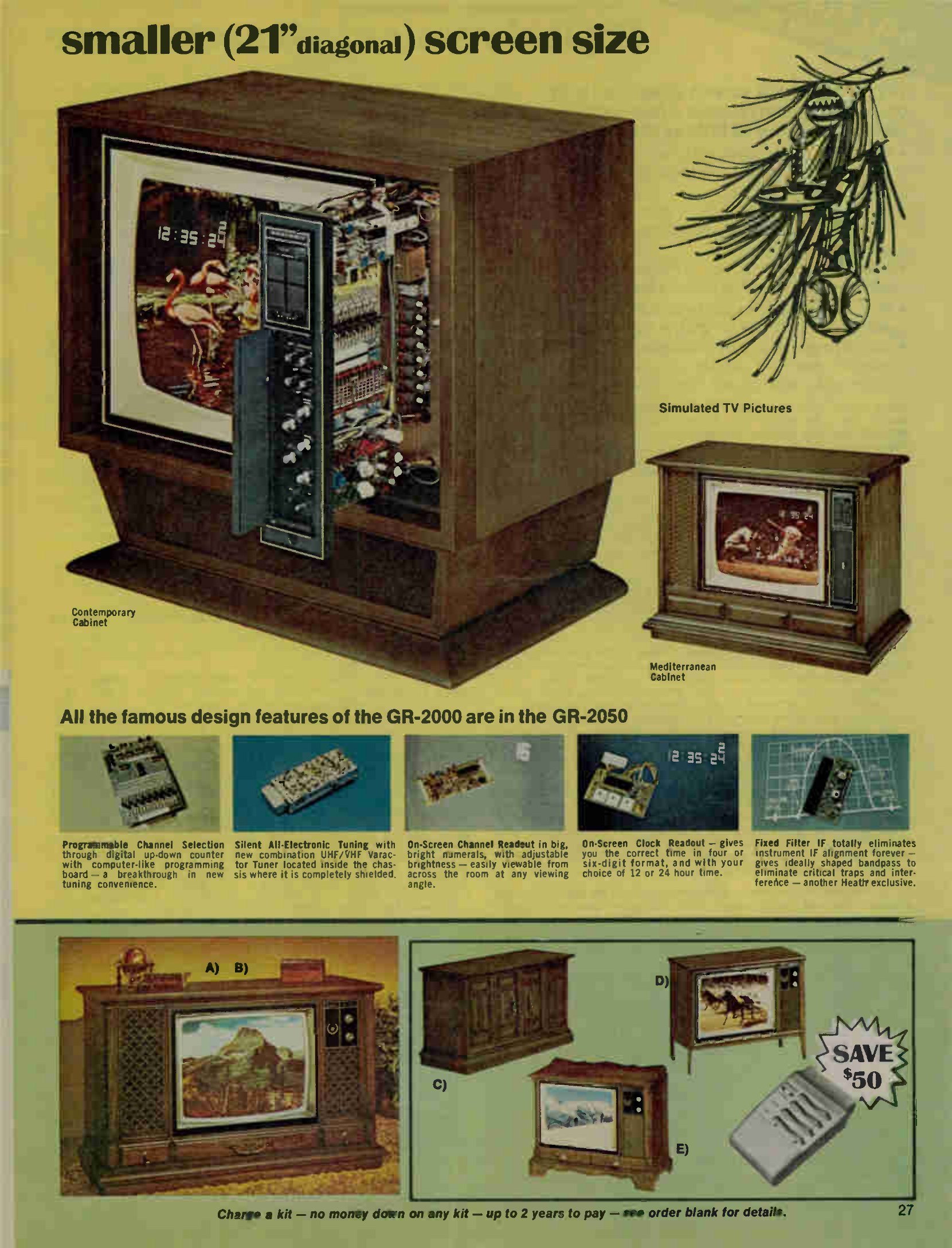 Figure 14 — The GR-2050 of 1975: the GR-2000's digital design in a 21-inch screen, with the same six module photographs used to sell the larger set.