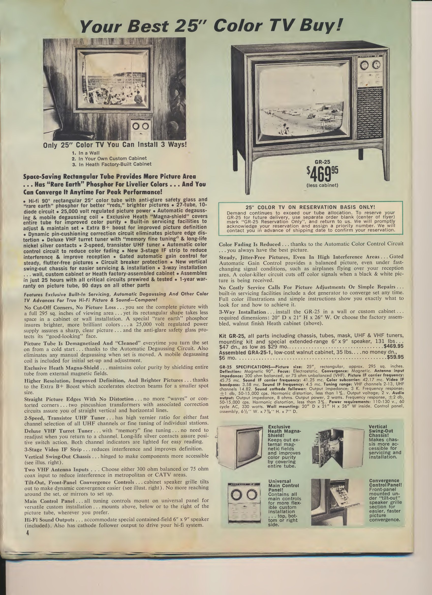 Figure 6 — The GR-25, Heath's first 25-inch rectangular colour set, on reservation only because picture tubes were scarce. The model was renamed GR-295 in 1967 after the viewing area in square inches.