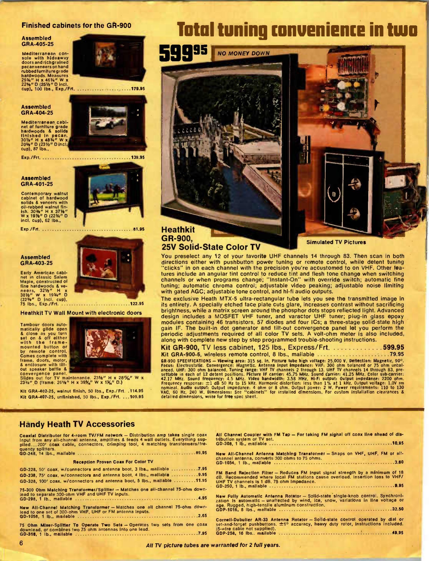 Figure 11 — The GR-900 at $599.95, the conventional 25-inch Heathkit set sold alongside the GR-2000 in March 1974. Its MTX-5 picture tube, plug-in boards and built-in dot generator are those of the digital set…